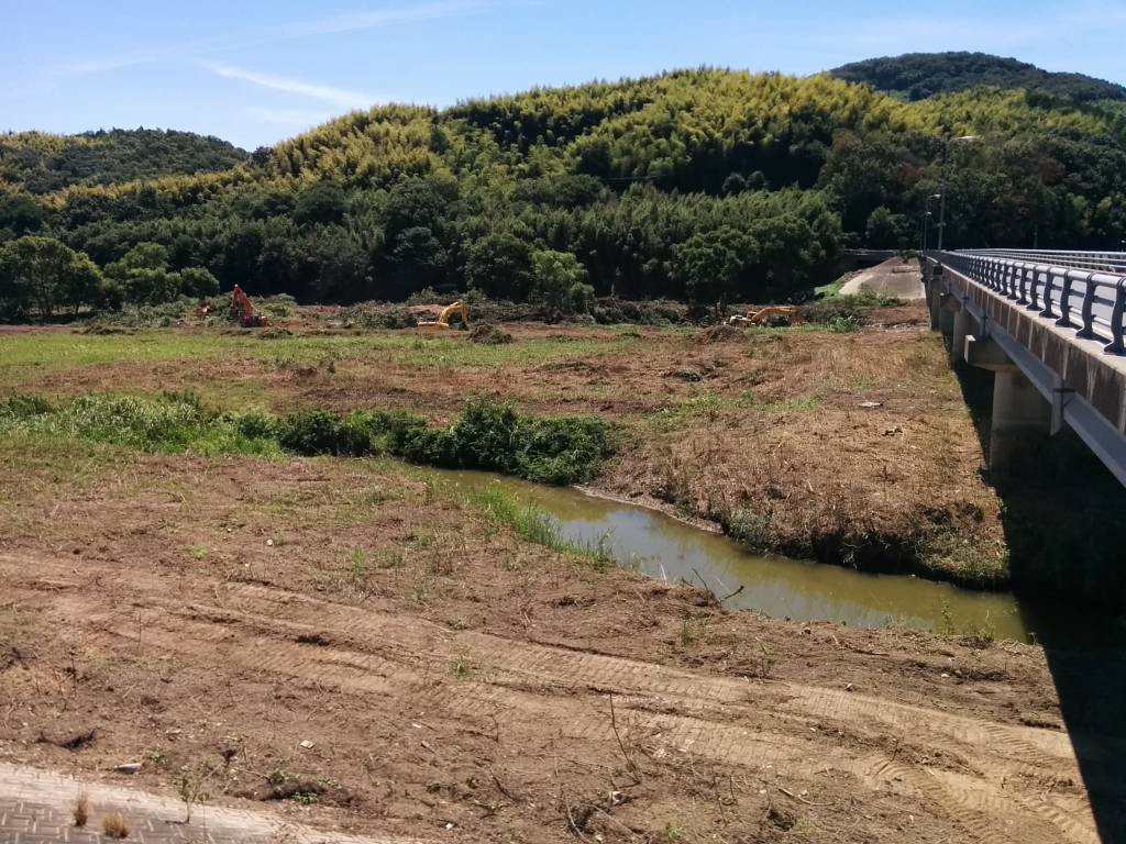 たくさんの重機が入り、急ピッチで木々の伐採が進む小田川